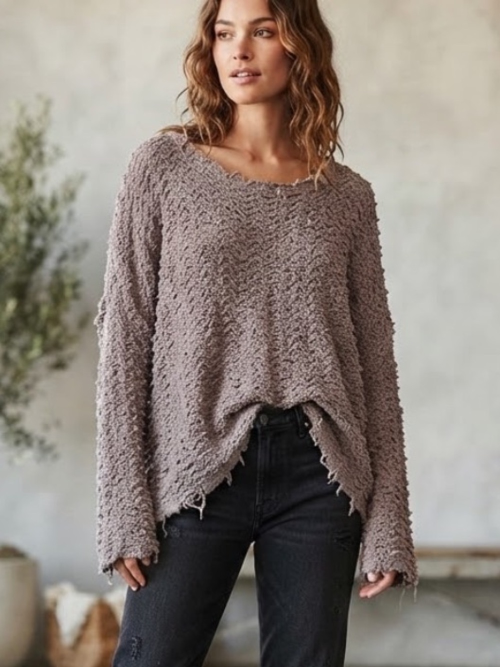 Free People Distressed Open Knit Sweater Womens Small Mauve Purple Cotton Blend